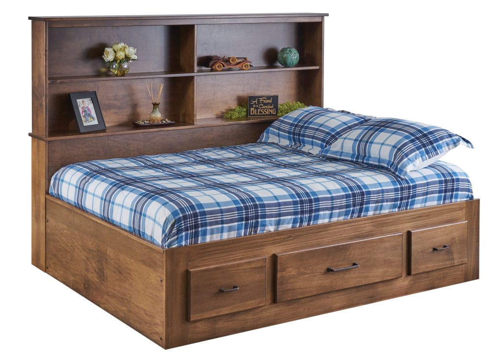 Hand crafted Day bed with storage. Full extensions drawers and a full length bookcase headboard. Shown in solid red oak.