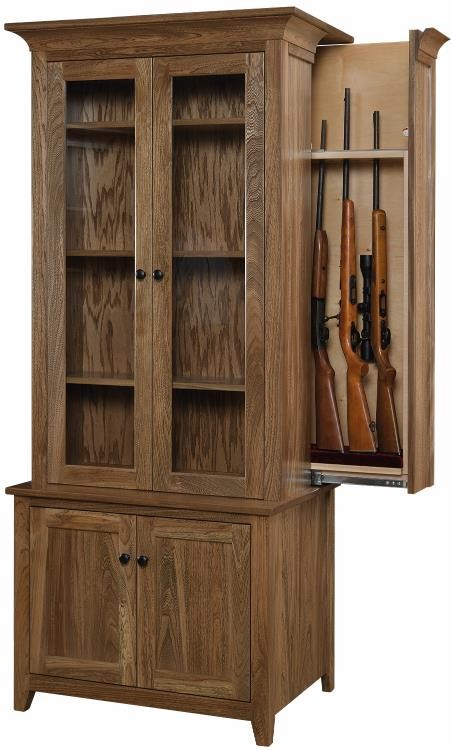 A premium hand crafted cabinet that can be used as a normal bookshelf. On the side is a drawer system that slides out to reveal storage for 7 rifles and/or shotguns. The drawer can be made with a hidden magnetic locking system as well for additional security.