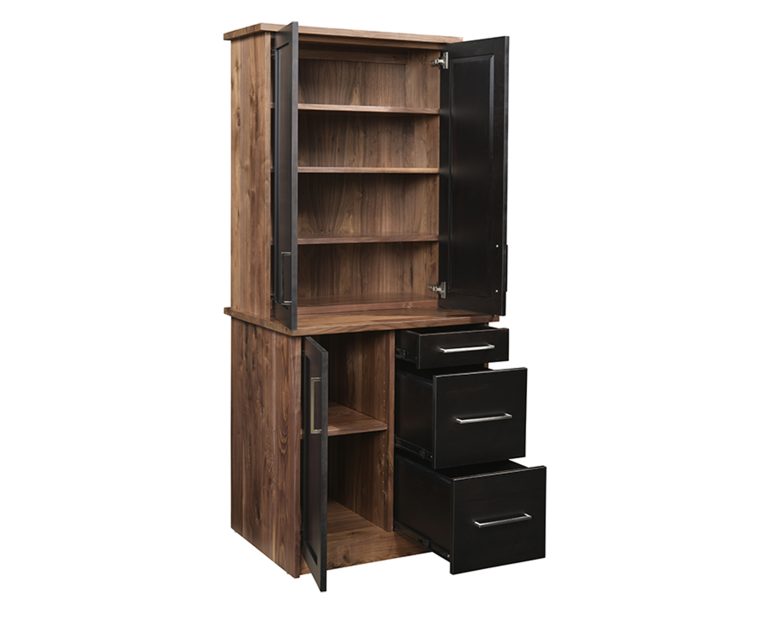 Modern designed file cabinet with bookcase top. Shown in Rustic Walnut wood with a natural finish and accented with maple stained with ebony.