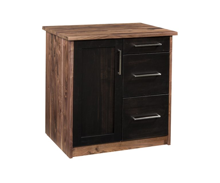 Modern designed file cabinet. Shown in Rustic Walnut wood with a natural finish and accented with maple stained with ebony.