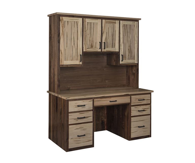 Executive desk shown in Rustic Walnut wood with an Ambrosia Maple top and accent.