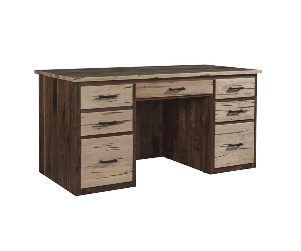 Executive desk shown in Rustic Walnut wood with an Ambrosia Maple top and accent.