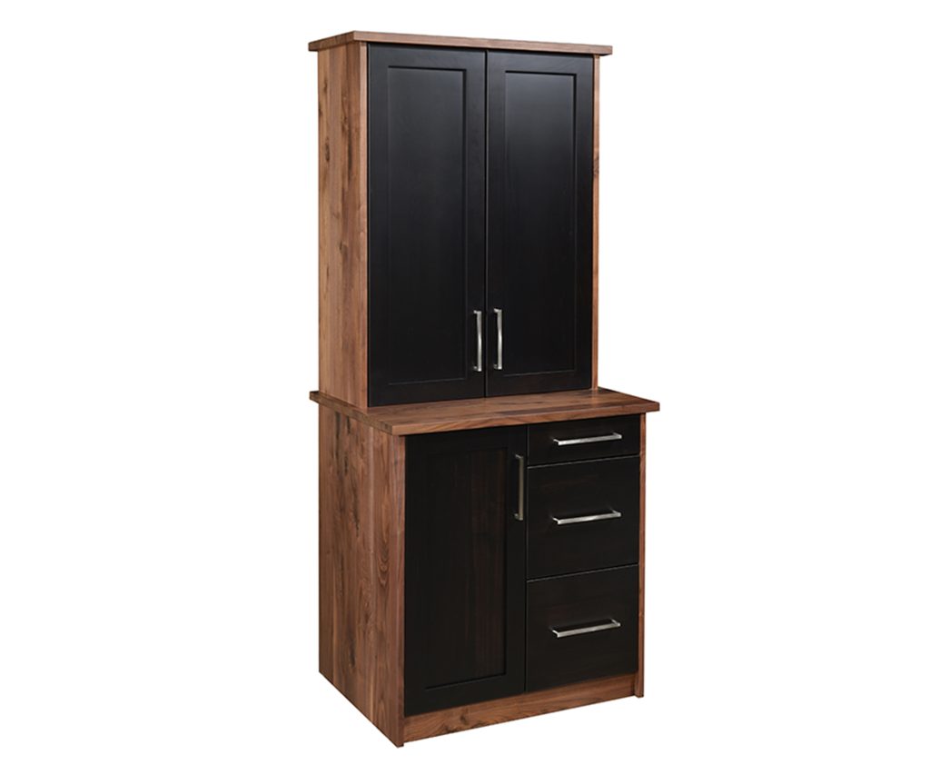 Modern designed file cabinet with bookcase top. Shown in Rustic Walnut wood with a natural finish and accented with maple stained with ebony.