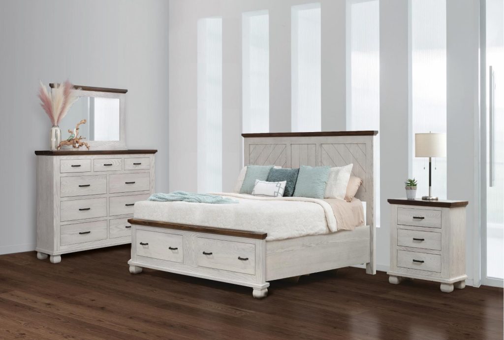 Farmhouse style bedroom suite with a variety of options. Shown with storage under the bed, an antique white finish paired up with dark brown accents.