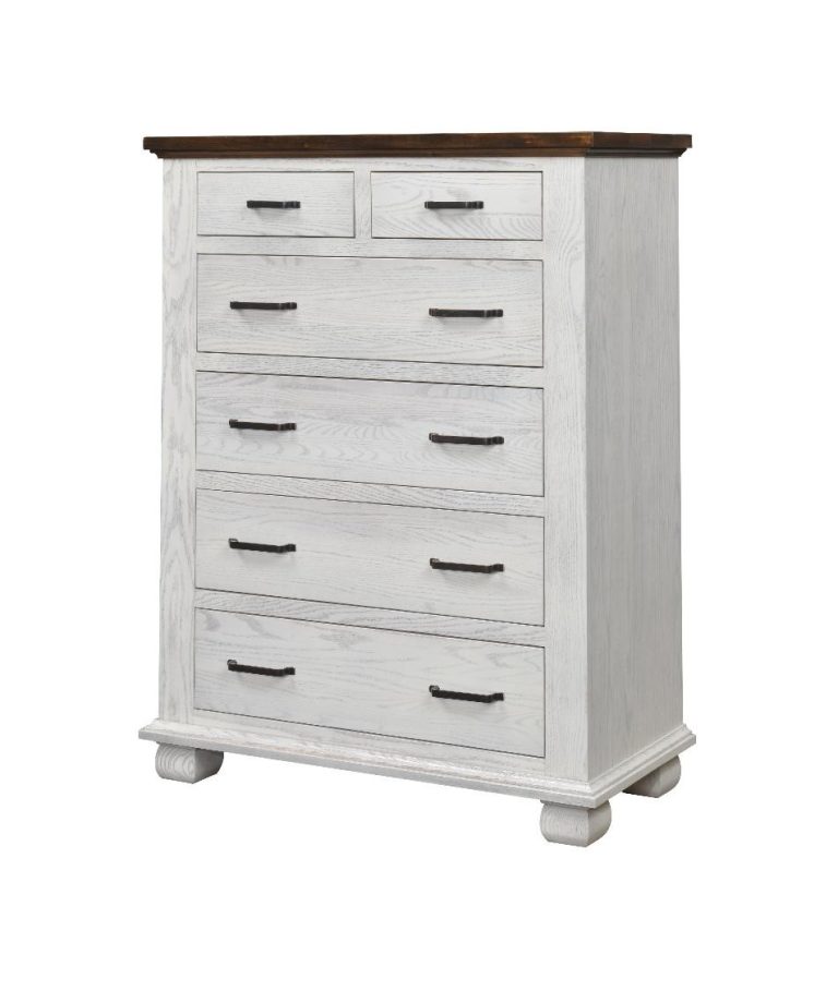 1633 Town Hall Chest of Drawers. With 6 drawers, dovetail joinery, full extension slides and solid hardwood construction. Oak Case with Aged White finish, cherry top with a Turkish Coffee Stain. A modern farmhouse style.