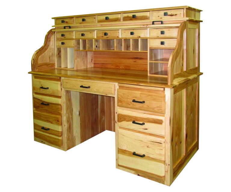 Deluxe Double Pedestal Rolltop Desk with 'S' Style Tambor. Shown in Rustic Hickory with a Natural Finish.