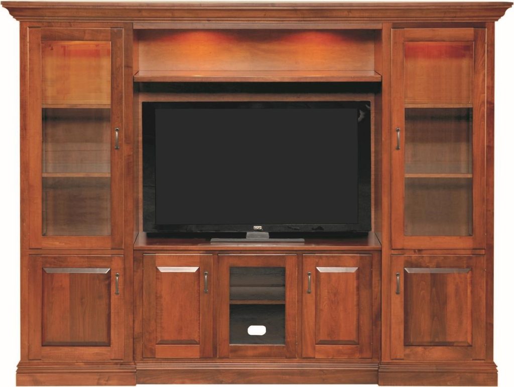 Wall Unit Entertainment center shown in Solid Brown Maple wood with a Boston Stain. Hand crafted and American made by a local Amish Craftsman in Holmes County, Ohio.
