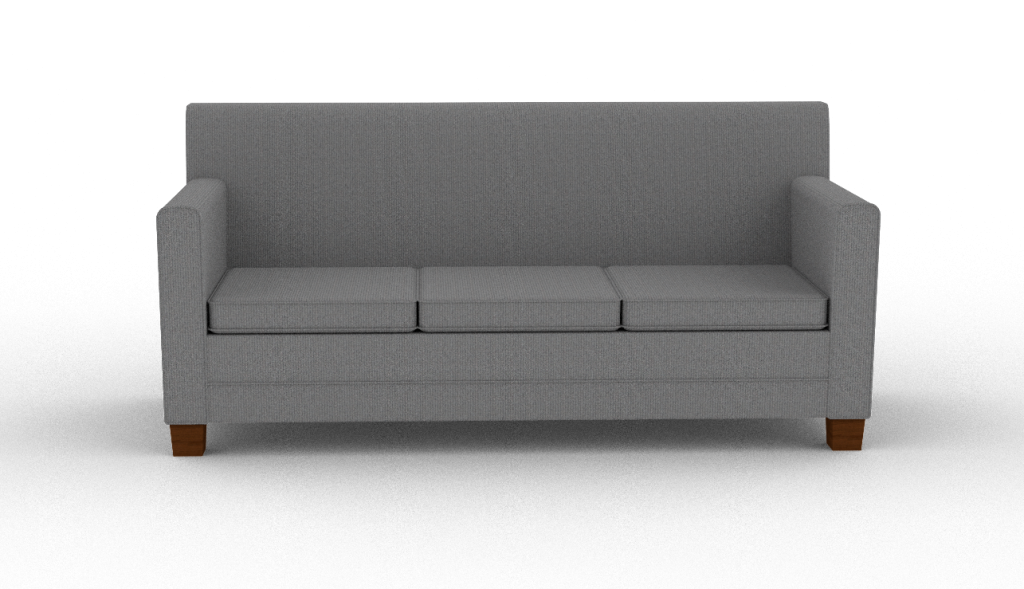 Hand crafted in Ohio by Amish craftsman. Minimalist design with a narrow track arm, solid firm back without seams, and 3 box cushion seat. Shown in grey fabric and available in your favorite selection from a variety of fabric and leather choices.