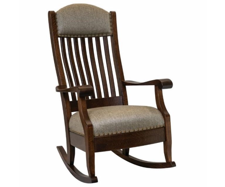 Classic mission style rocking chair with a fabric upholstered seat and headrest.