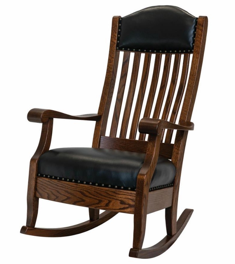 Classic Mission Style rocking chair with a leather seat and headrest.