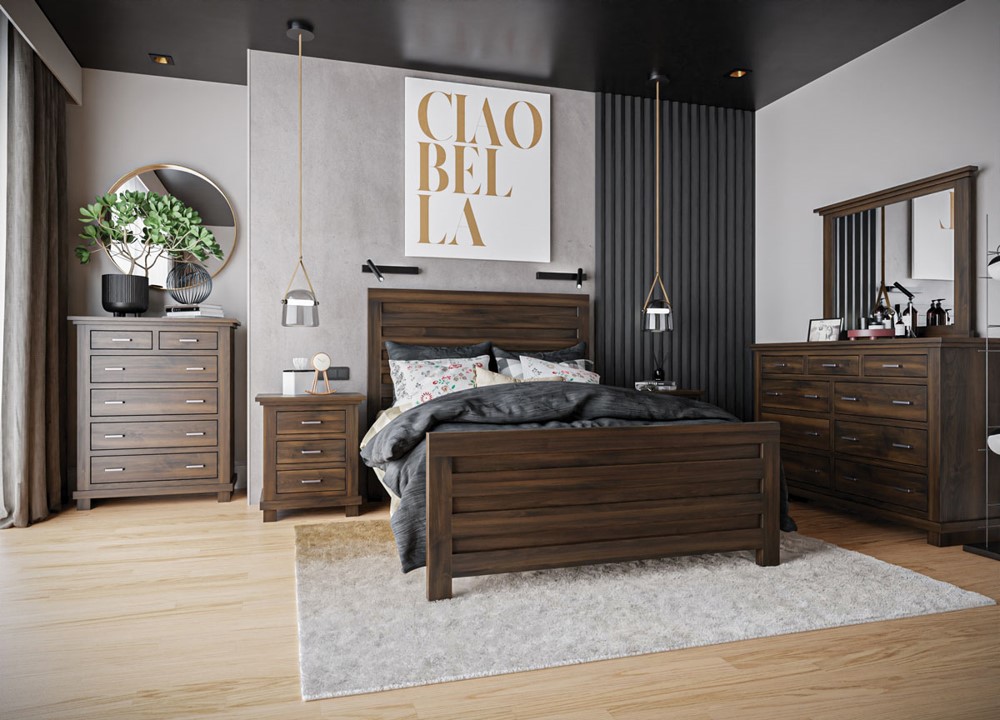 Transitional bedroom suite with depth. Shown in maple with a dark brown color.