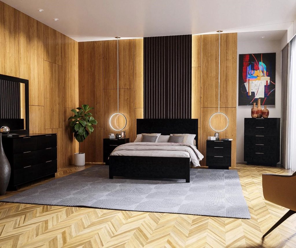 Contemporary Bedroom Suite shown in brown maple with a black stain.