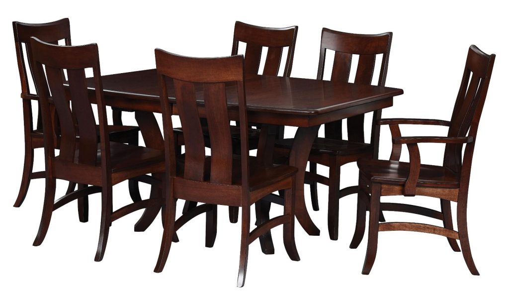 Contemporary Dining Set with a Trestle Base. The table is available with center extensions that self store under the table top. The chair is available with arms and your choice of dining height, counter height, or bar height.