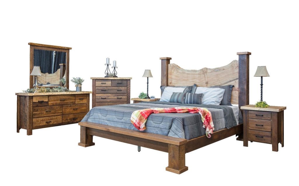 Rustic bedroom suite with a live edge headboard and barnwood construction.
