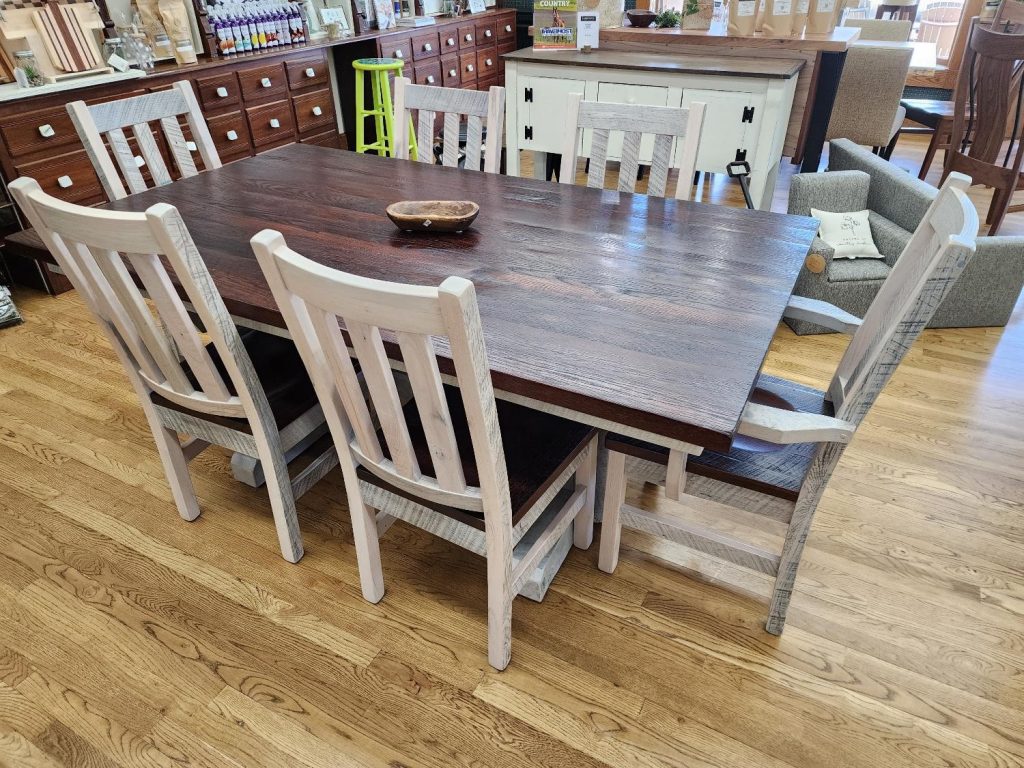 Reclaimed wood with rich cherry stain, accented with frost white, Amish Dining Table with 4 side chairs and 2 arm chairs