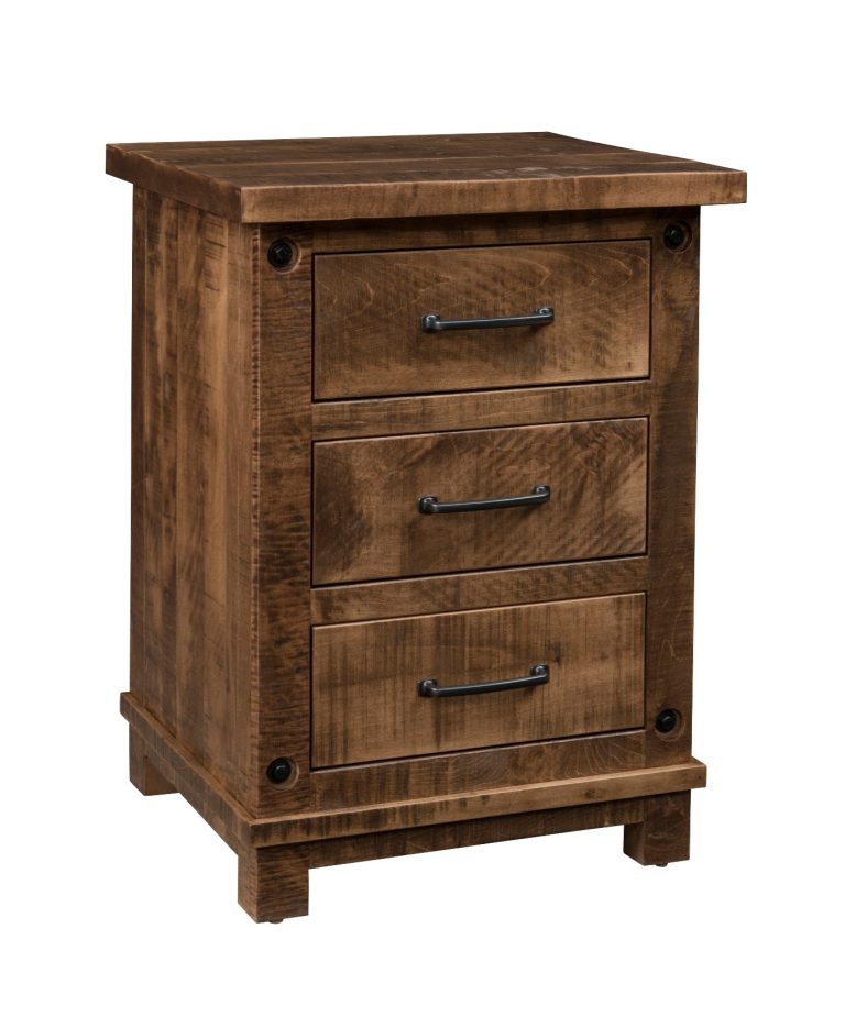 3 Drawer Nightstand, with a rustic look. Sawmark distressing provides a formal and uniform farmhouse design.