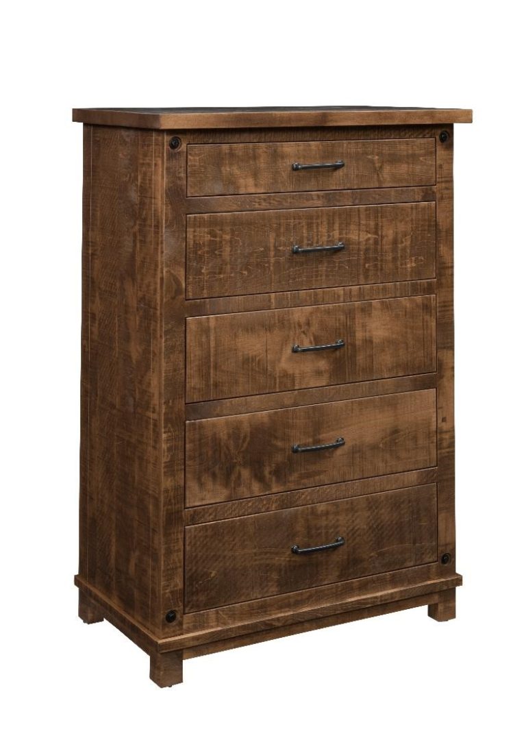 5 Drawer Chest of Drawers, with a rustic look. Sawmark distressing provides a formal and uniform farmhouse design.