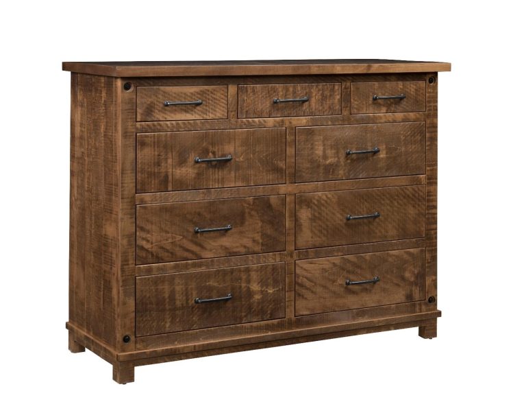 Dresser with 9 drawers, with a rustic look. Sawmark distressing provides a formal and uniform farmhouse design.