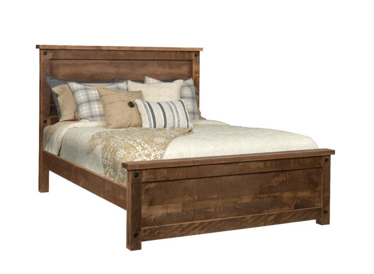 Queen size bed with a rustic look. Sawmark distressing provides a formal and uniform farmhouse design.