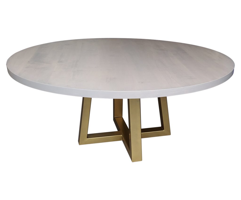 Custom Round Dining Table with Light gray top and gold base.