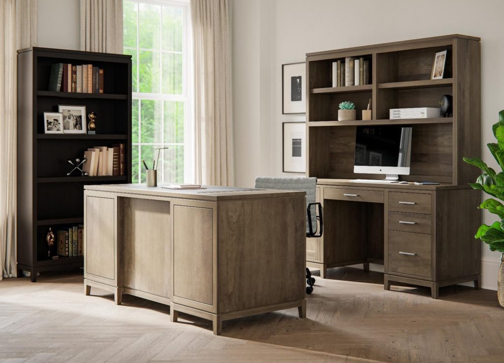 Transitional Office suite that has a minimalist design. Shown in select cherry wood with a sand finish.