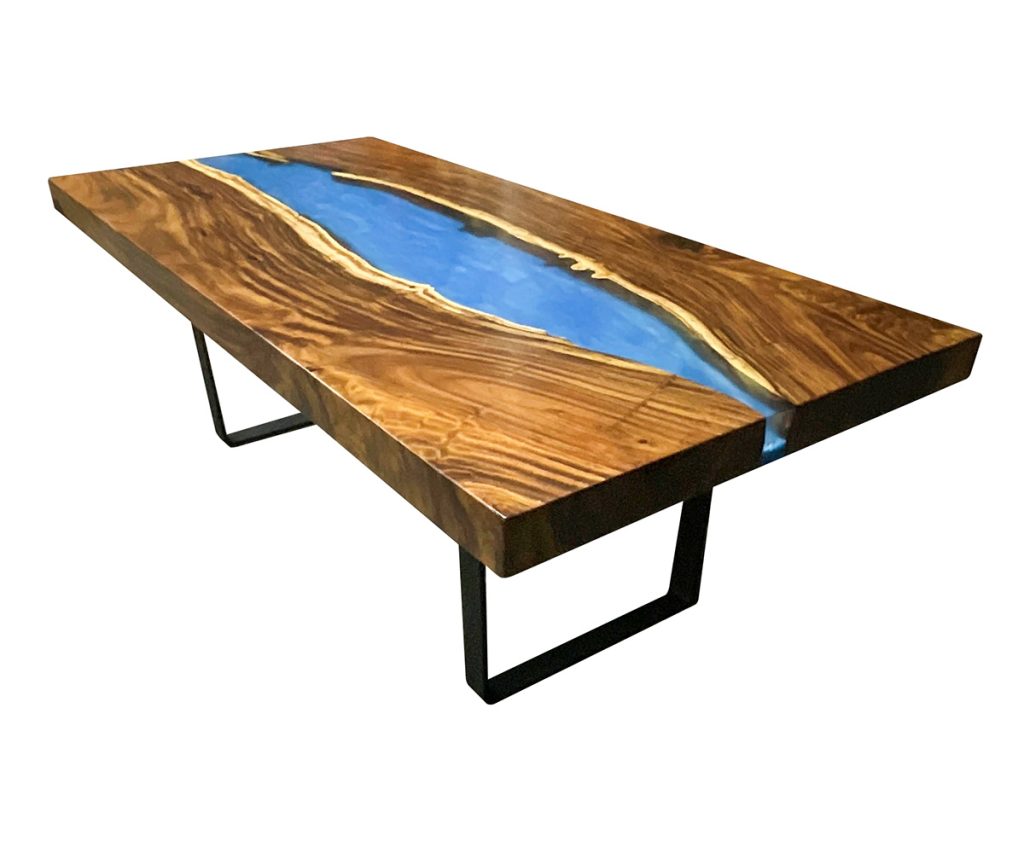 4" Thick Live Edge Table with Kokko Wood and Caribbean River Epoxy Center