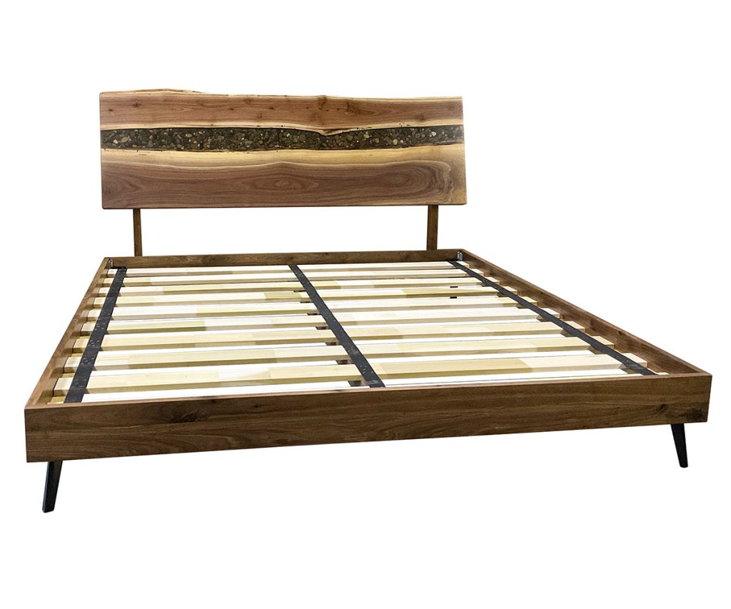 Mid Century Modern platform bed with Live Edge Headboard and river rock epoxy.