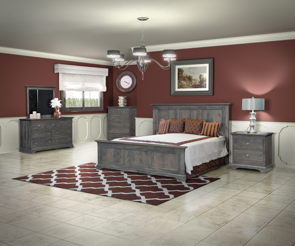 Contemporary bedroom suite with a grey stain.