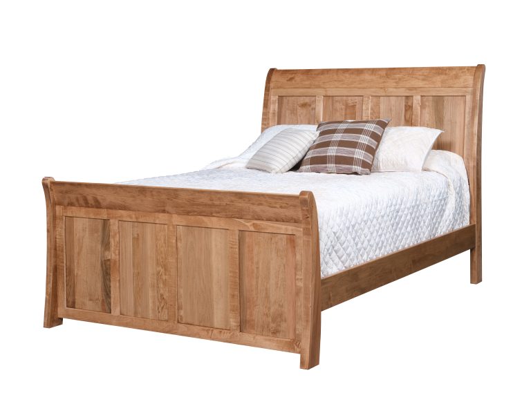 Carson Reed Maple bed with a high footboard. With design elements from the timeless sleigh style bed.