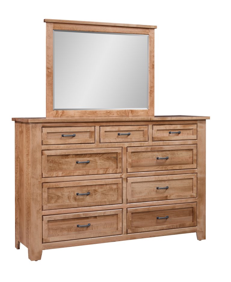 Carson Reed 9 drawer dresser & mirror. Amish made in maple wood with a seely stain.