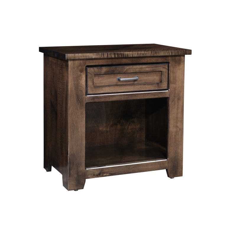 Carson Reed single drawer nightstand, hand crafted with maple wood and a cocoa stain.