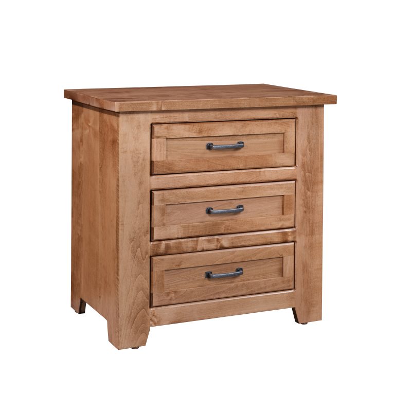 Carson Reed 3 drawer nightstand made in maple with a seely stain and wrought iron drawer pulls. Solid wood construction.