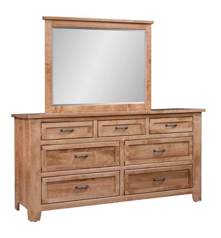 Carson Reed 7 drawer dresser with attached mirror. Shown in solid maple wood with a seely stain.