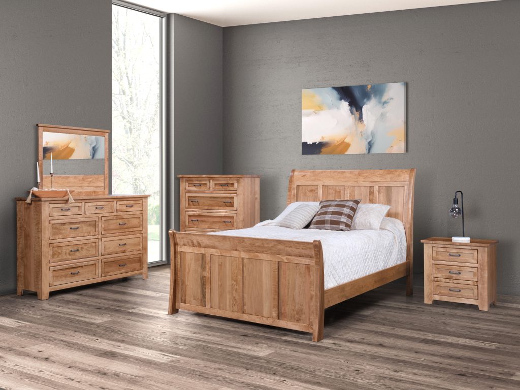 Carson Reed bedroom collection. Hand crafted Amish bedroom suite, shown in maple wood with a light brown stain.