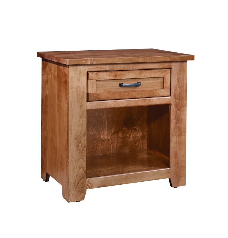 Carson Reed single drawer nightstand in maple wood with a light stain and wrought iron hardware.