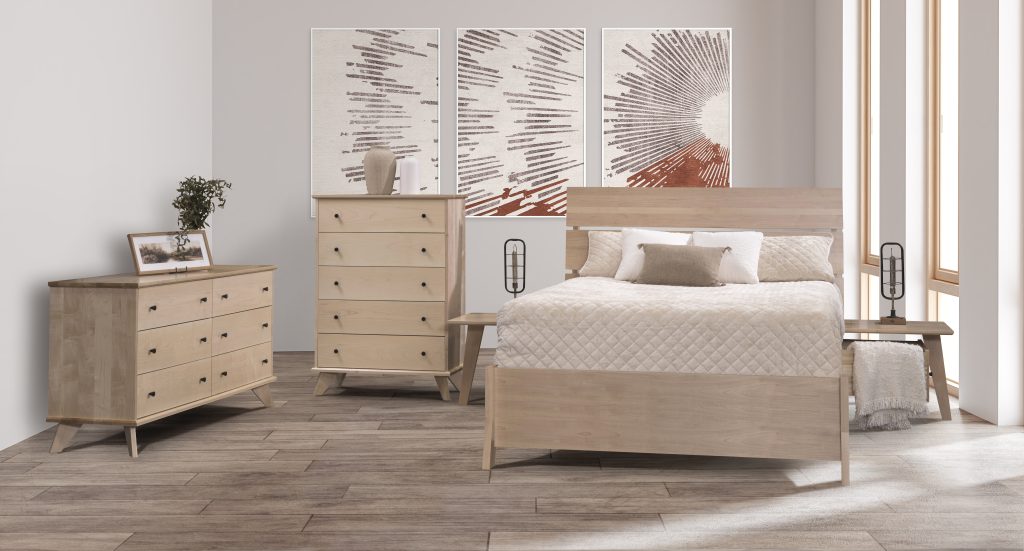 The West Village Bedroom suite is a new collection for the mid century modern interior design. Shown in solid maple wood with a latte color.