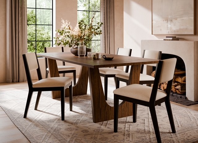 The Burrow dining set is our new contemporary design with upholstered seats and backs.