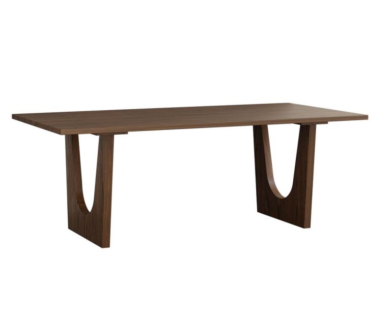 Contemporary dining table with a U shaped pedestal base. Shown in oak wood with a cappuccino stain.